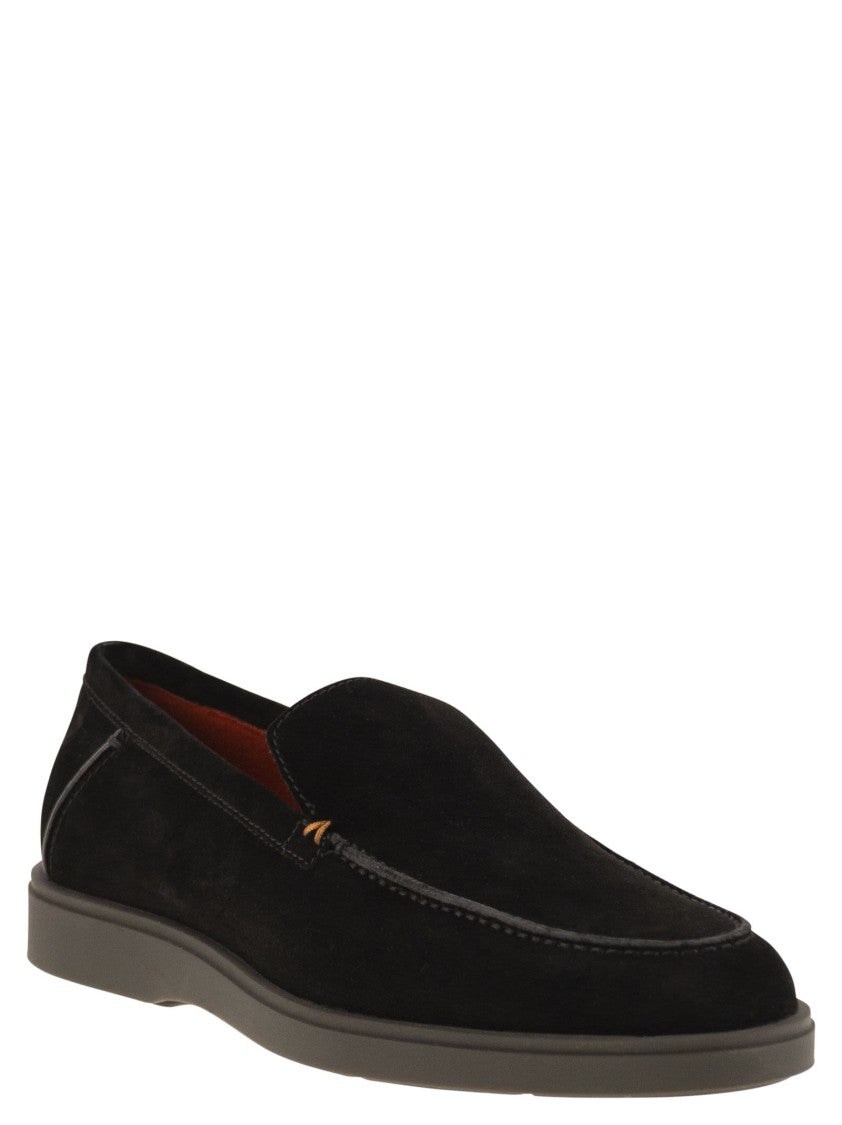 Santoni Fine Suede Moccasin With Signature Orange Accents