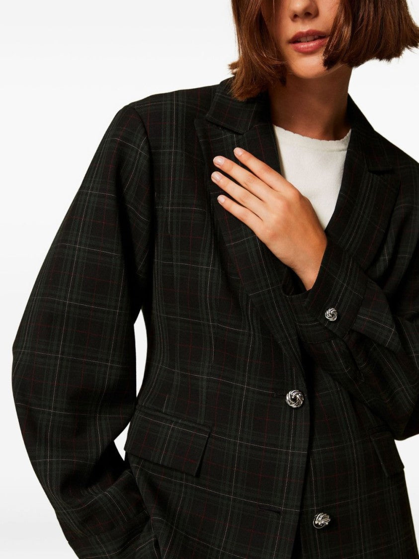 Twin-Set Classic Tailored Jacket With Subtle Plaid Pattern
