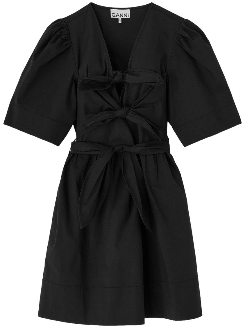 Ganni Neutrals Short Puffed Sleeves Bows Mini Dress