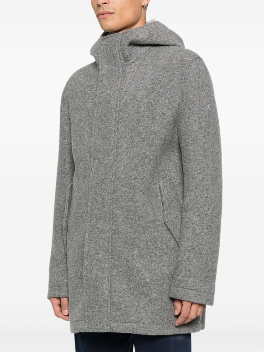 Manuel Ritz Hooded Grey Wool Coat With Flap Pockets And Concealed Closure