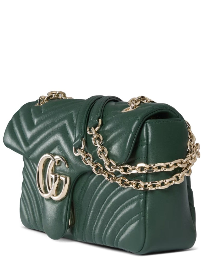 Gucci Chevron Quilted Green Lamb Leather Shoulder Bag With Double G Logo