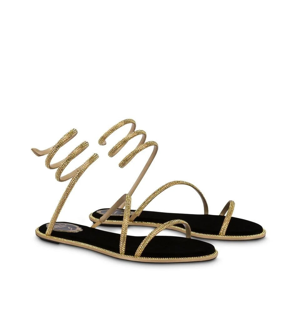 René Caovilla Cleo Black And Gold Flat Sanda