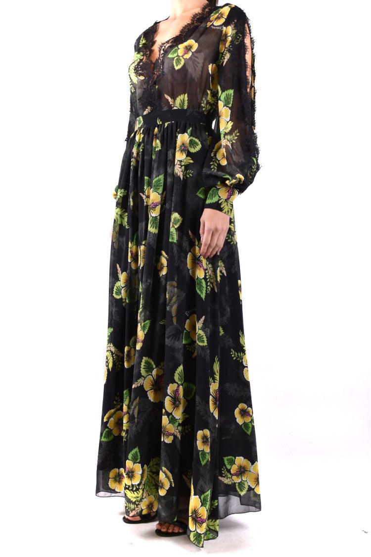 Ermanno Maxi Dress With Floral Print And Sheer Lace Details