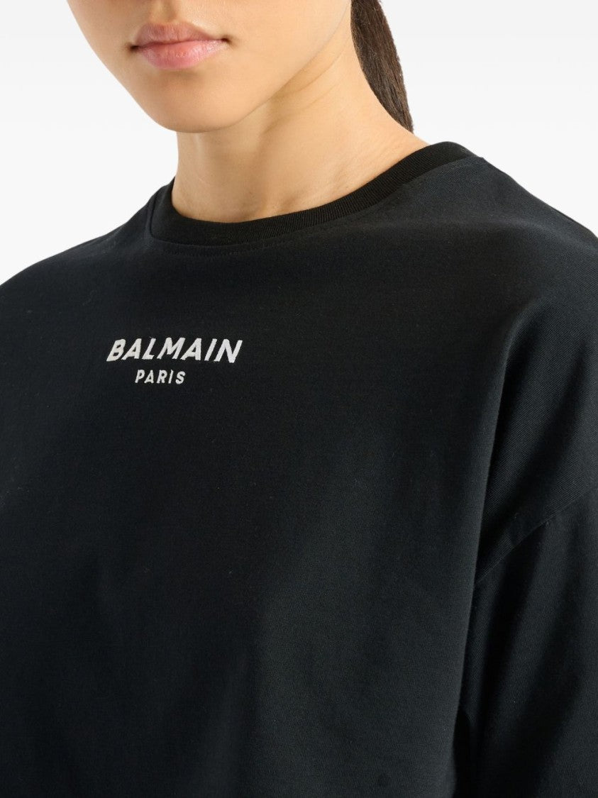 Balmain White Embroidered Cropped Contrasting Logo T-Shirt
