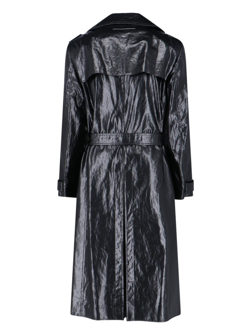 Mm6 By Maison Margiela Black Double-Breasted Faux Leather Coat