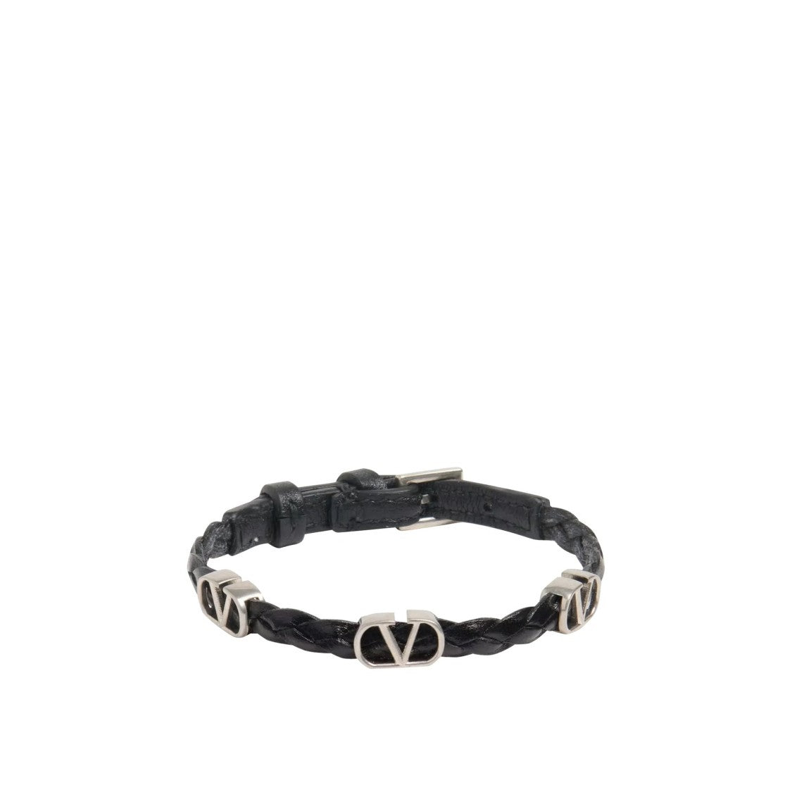 Valentino Garavani Braided Leather Bracelet With Signature V Logo Plaque