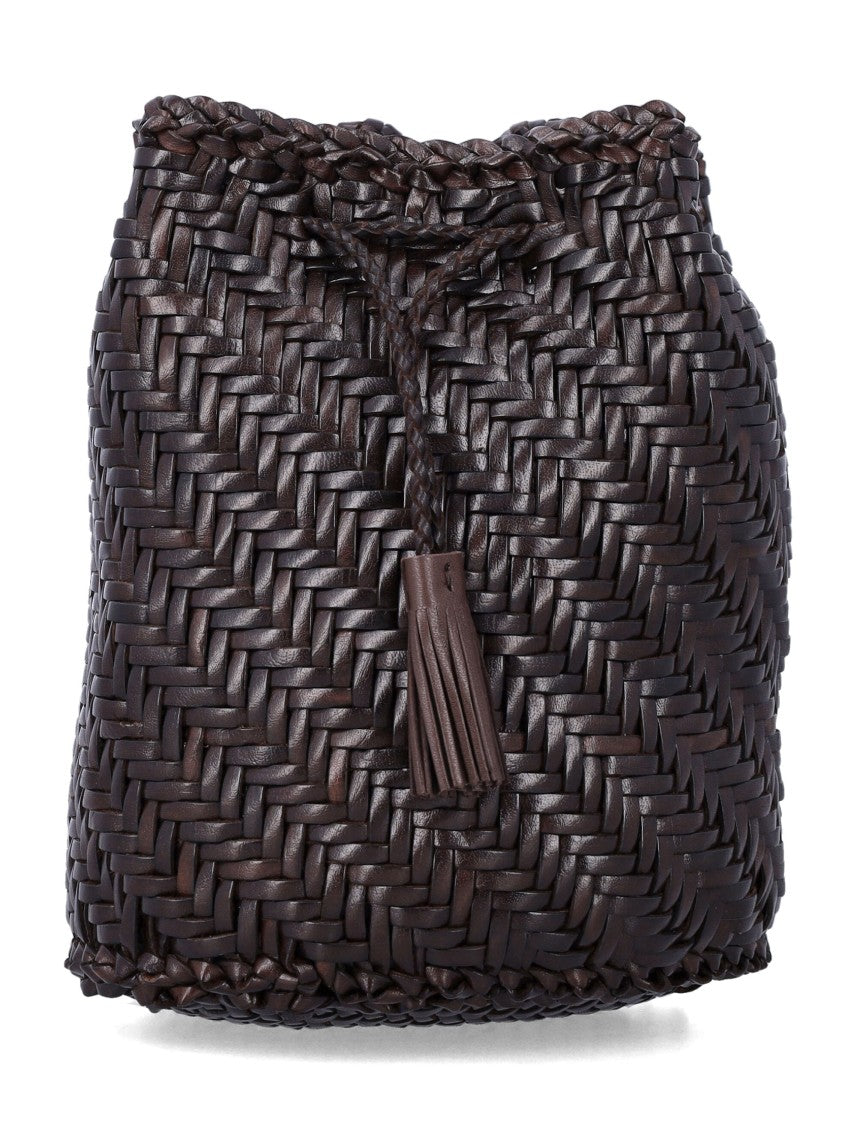 Dragon Diffusion Pompom Dark Brown Woven Bucket Bag