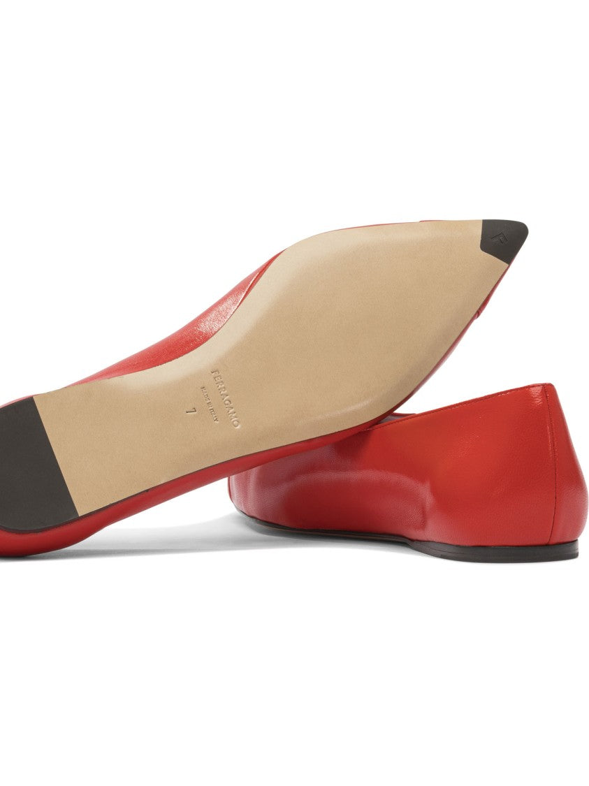 Ferragamo Red Leather Ballerinas With Bow Accent