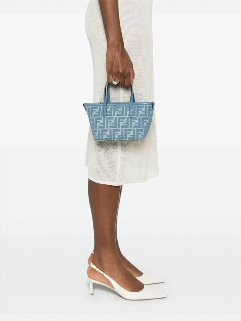 Fendi Trapezoidal Woven Fabric Tote Bag With Leather Trim