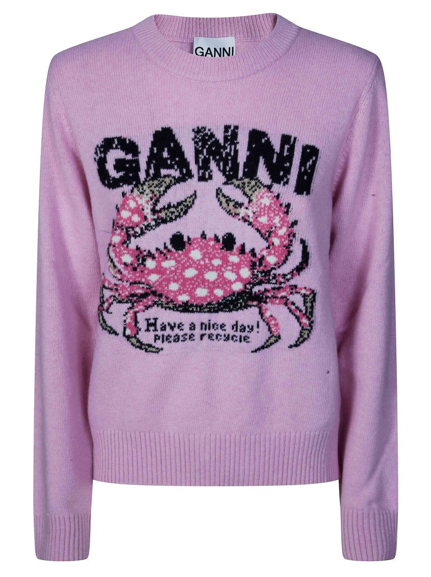 Ganni Playful Crab Graphic Wool-Blend Sweater