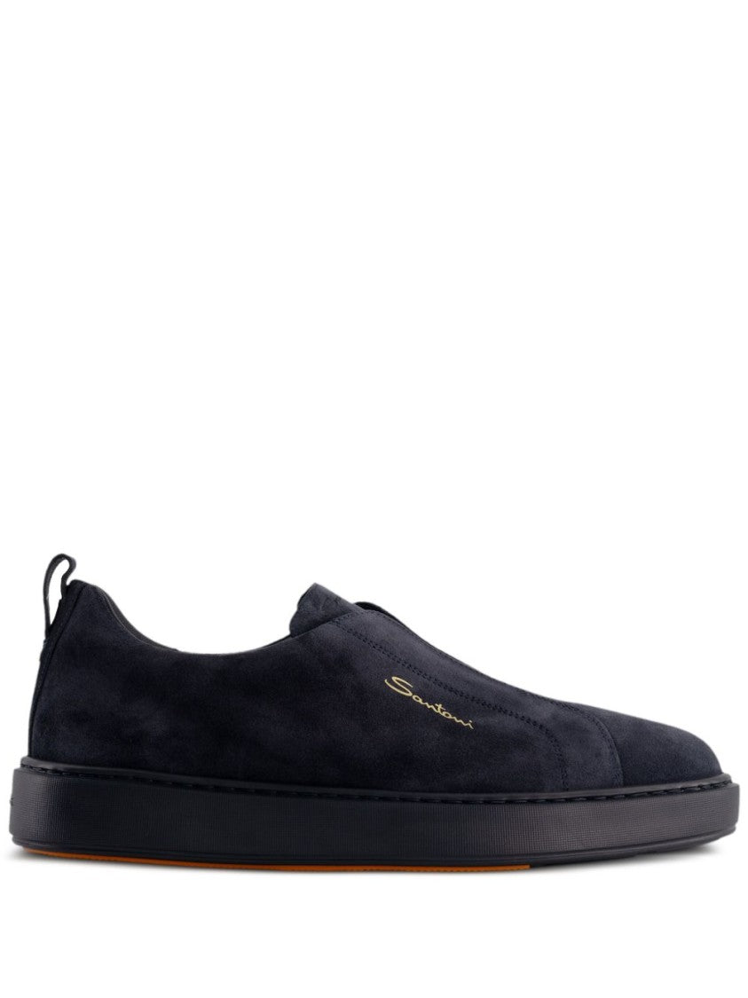 Santoni Midnight Blue Calf Suede Slip-On Sneakers