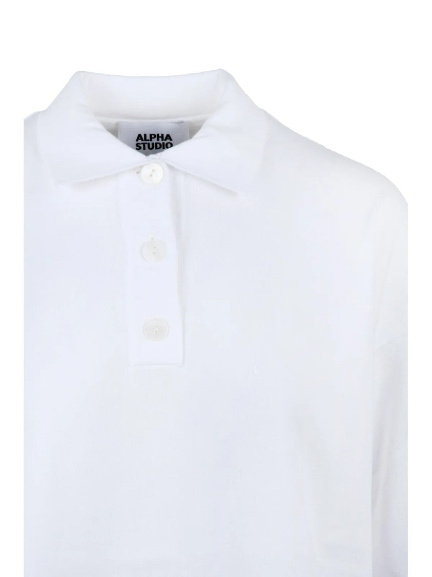 Alpha Studio White Cotton Knit Polo Shirt