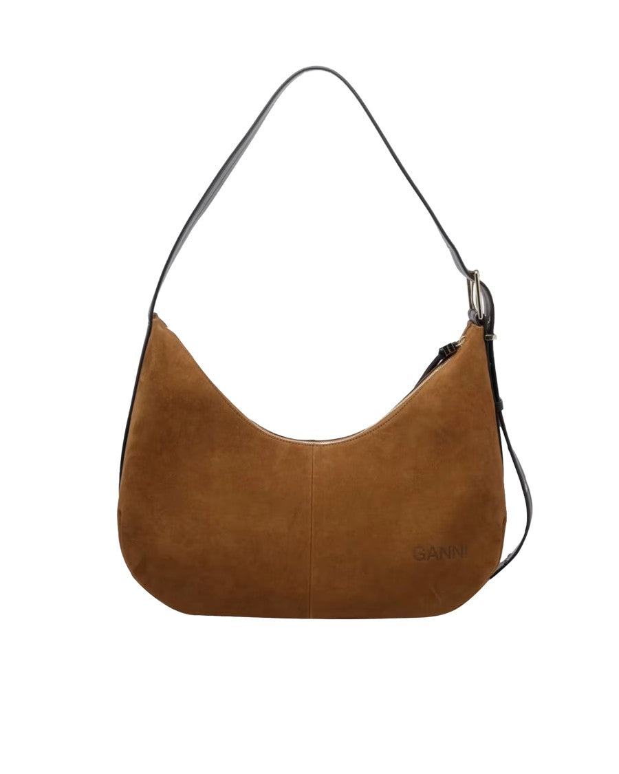 Ganni Medium Hobo Bag In Smooth Suede With Gold Accents