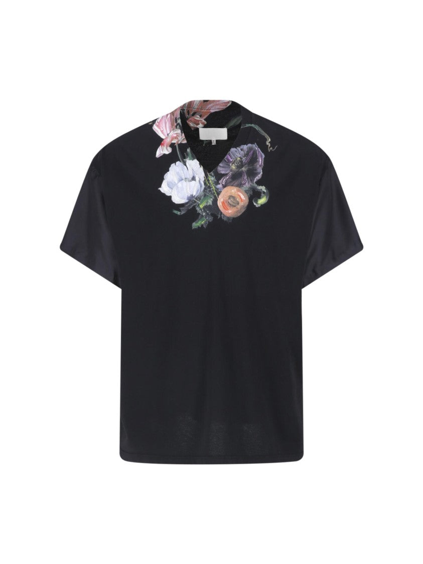 Maison Margiela Black V-Neck Floral Print T-Shirt