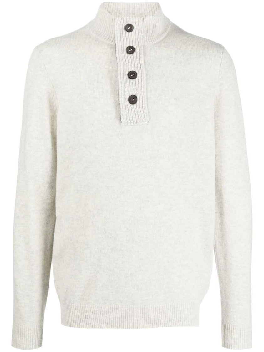 Barbour Pearl Grey Wool Ribbed Knit Sweater With Mock Neck And Button Placket