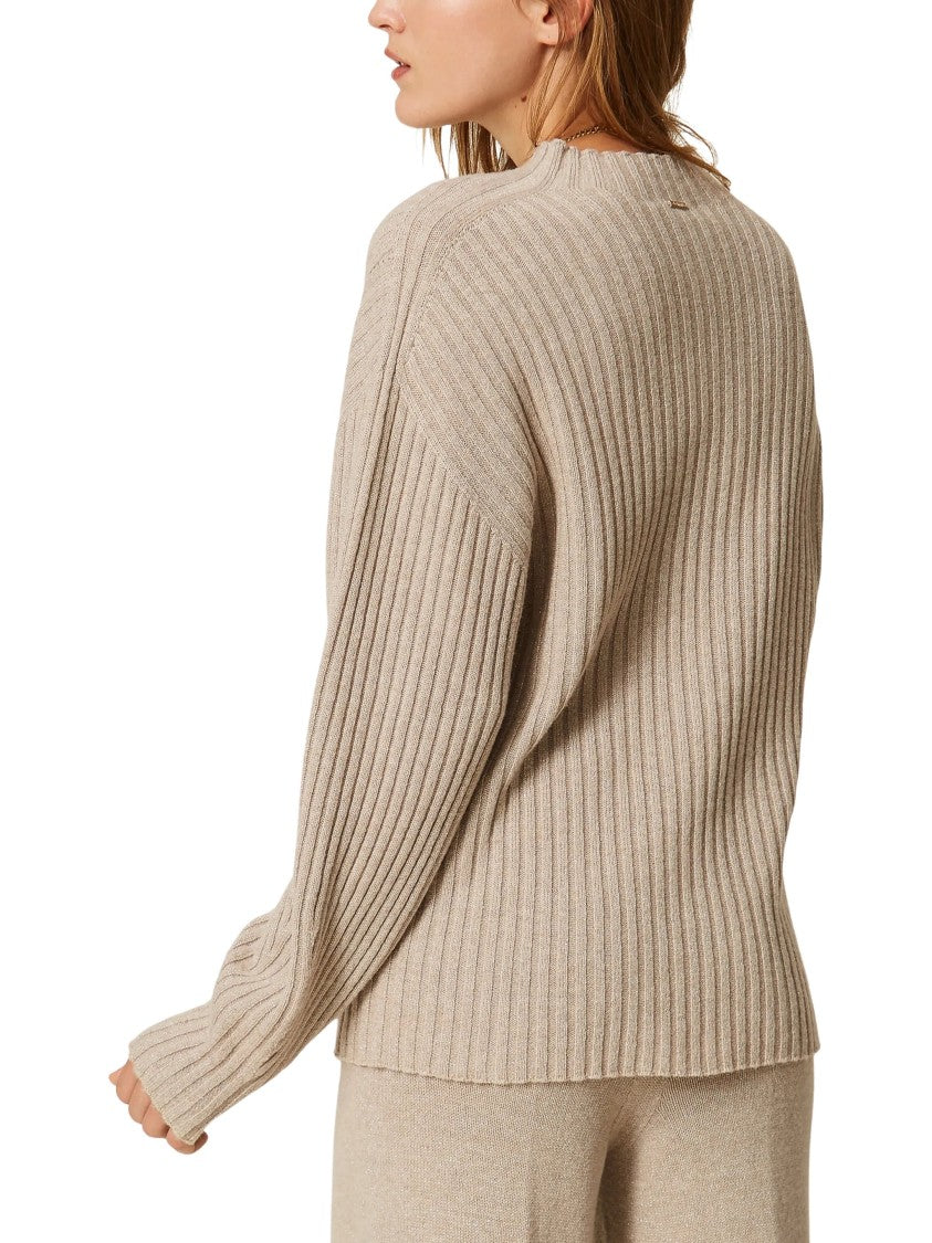 Twin-Set Beige Ribbed Wool-Blend Lurex Mock Neck Sweater