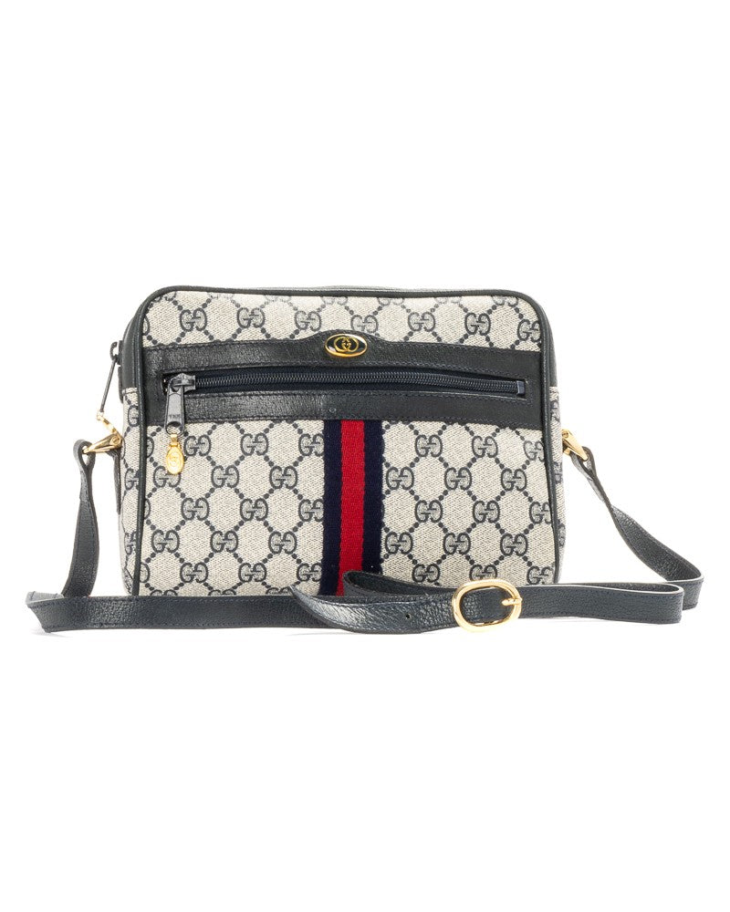 Gucci Small Camera Bag With Gg Supreme Canvas And Blue Leather Accents