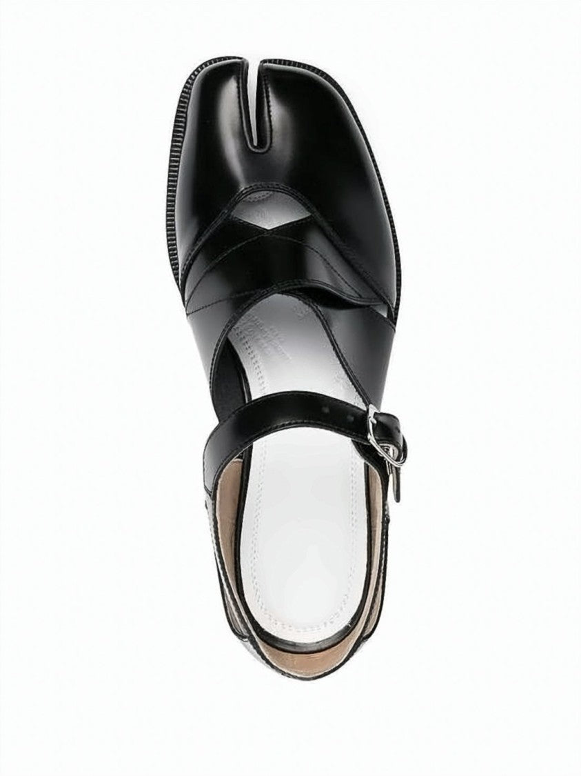 Maison Margiela Split-Toe Black Calfskin Sandals With Ankle Buckle Strap