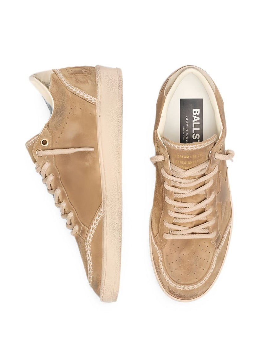 Golden Goose Distressed Tan Leather Sneakers With Stitched Star Detail