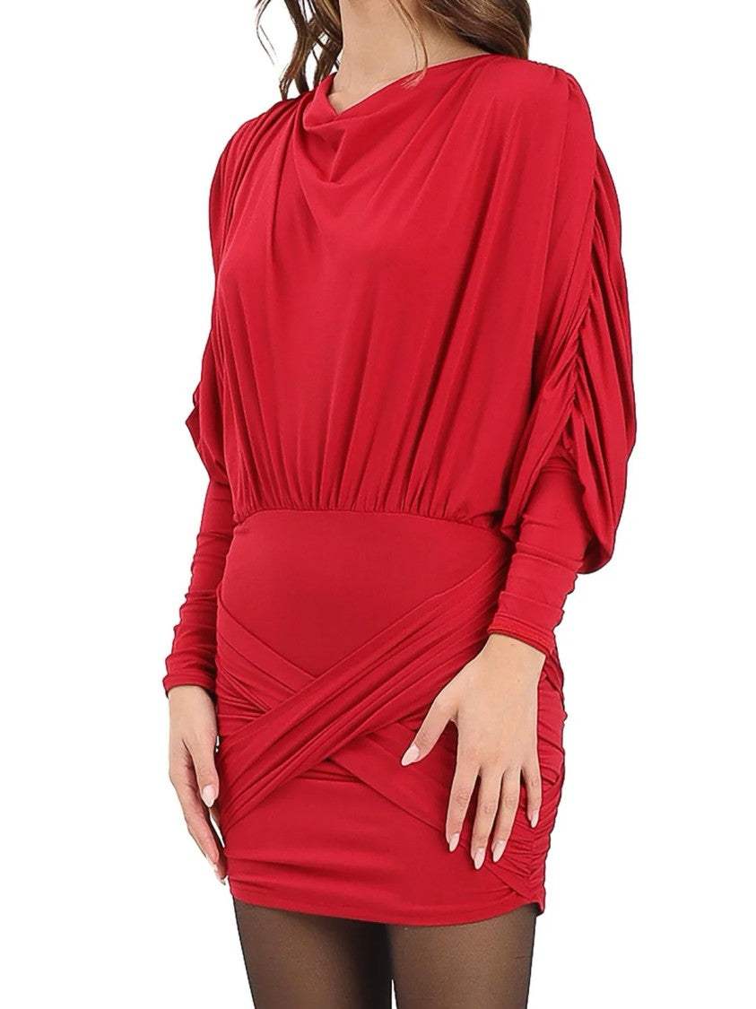 Odi Odi Lycra Mini Dress With Batwing Sleeves And Ruched Detailing