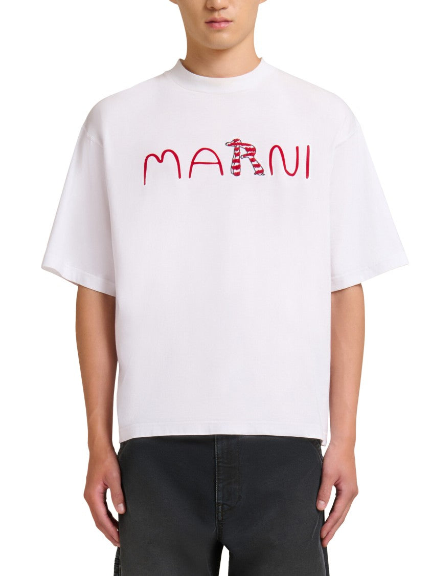 Marni Boxy Cropped White T-Shirt With Playful Graphic Design