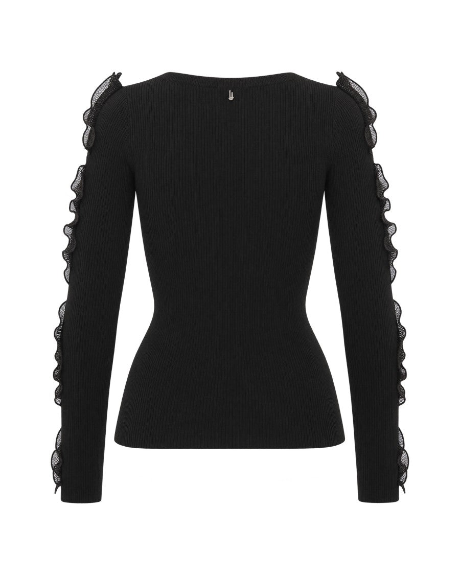 Liu Jo Black Ribbed Organza Ruffled Knit Top
