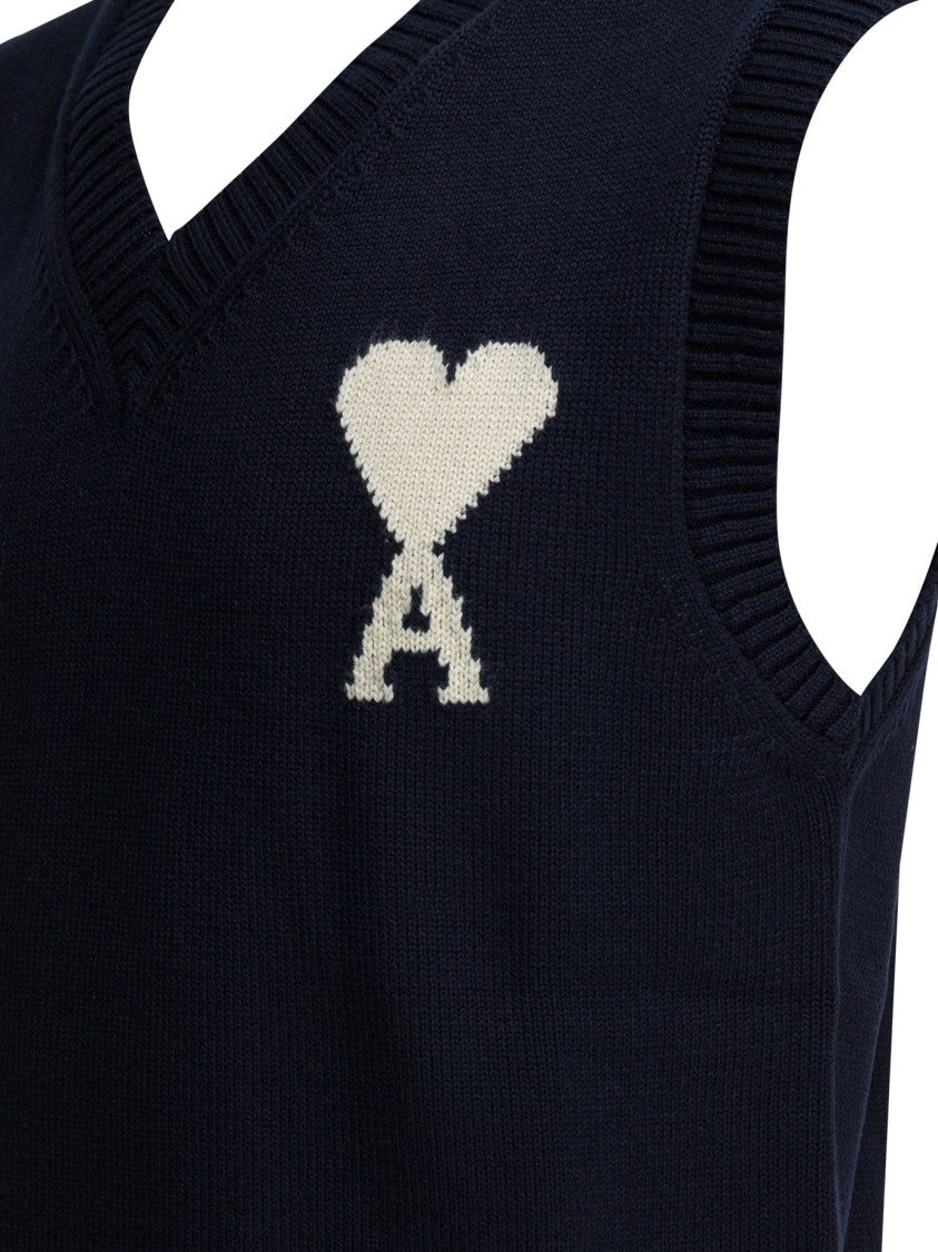 Ami Paris Sleeveless Deep V-Neck Knitwear Vest With Ribbed Details
