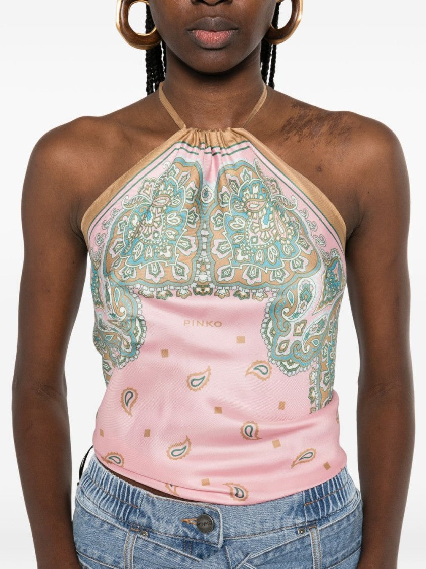 Pinko Sleeveless Halter Top With Paisley And Floral Patterns