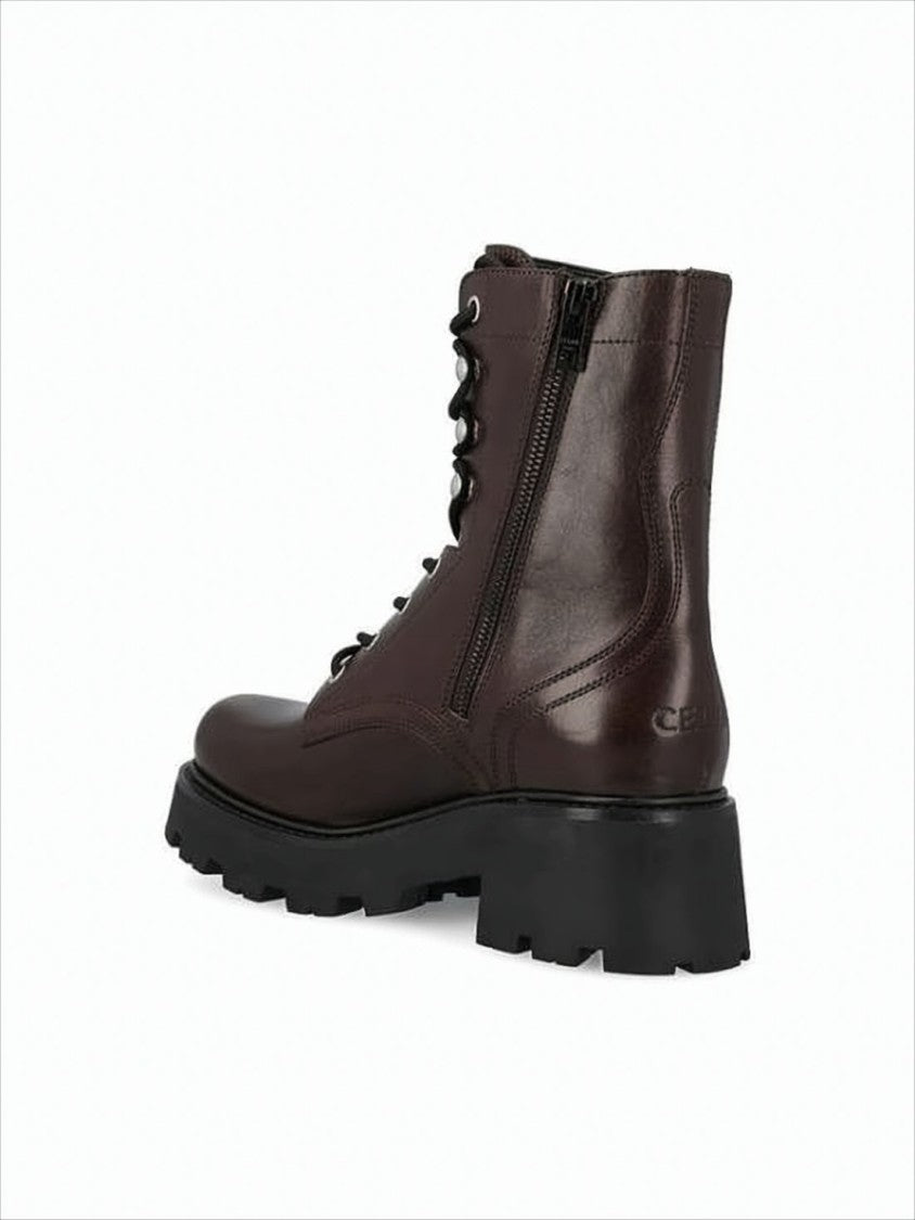Celine Deep Brown Calf Leather Lace-Up Boots With Rugged Sole