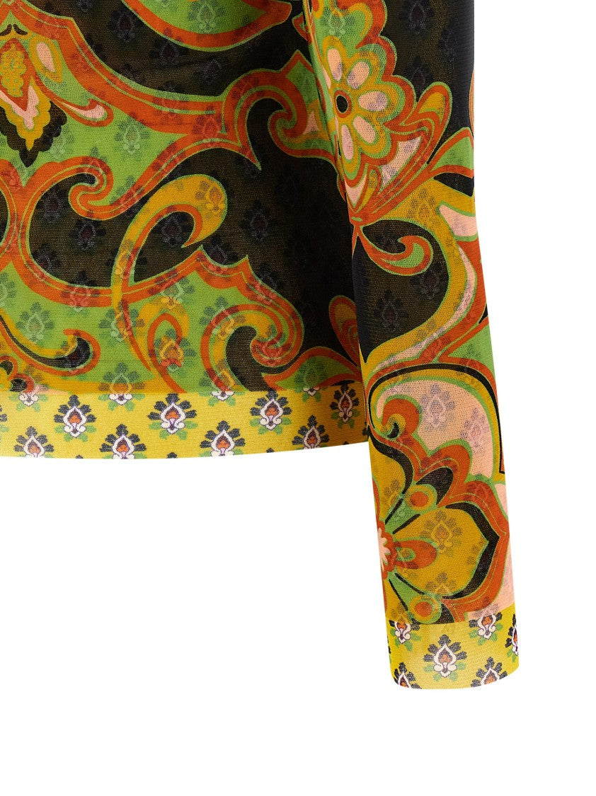 Etro Patterned Stretch Mesh Sweater With Asymmetrical Hem And Double-Layer Detail