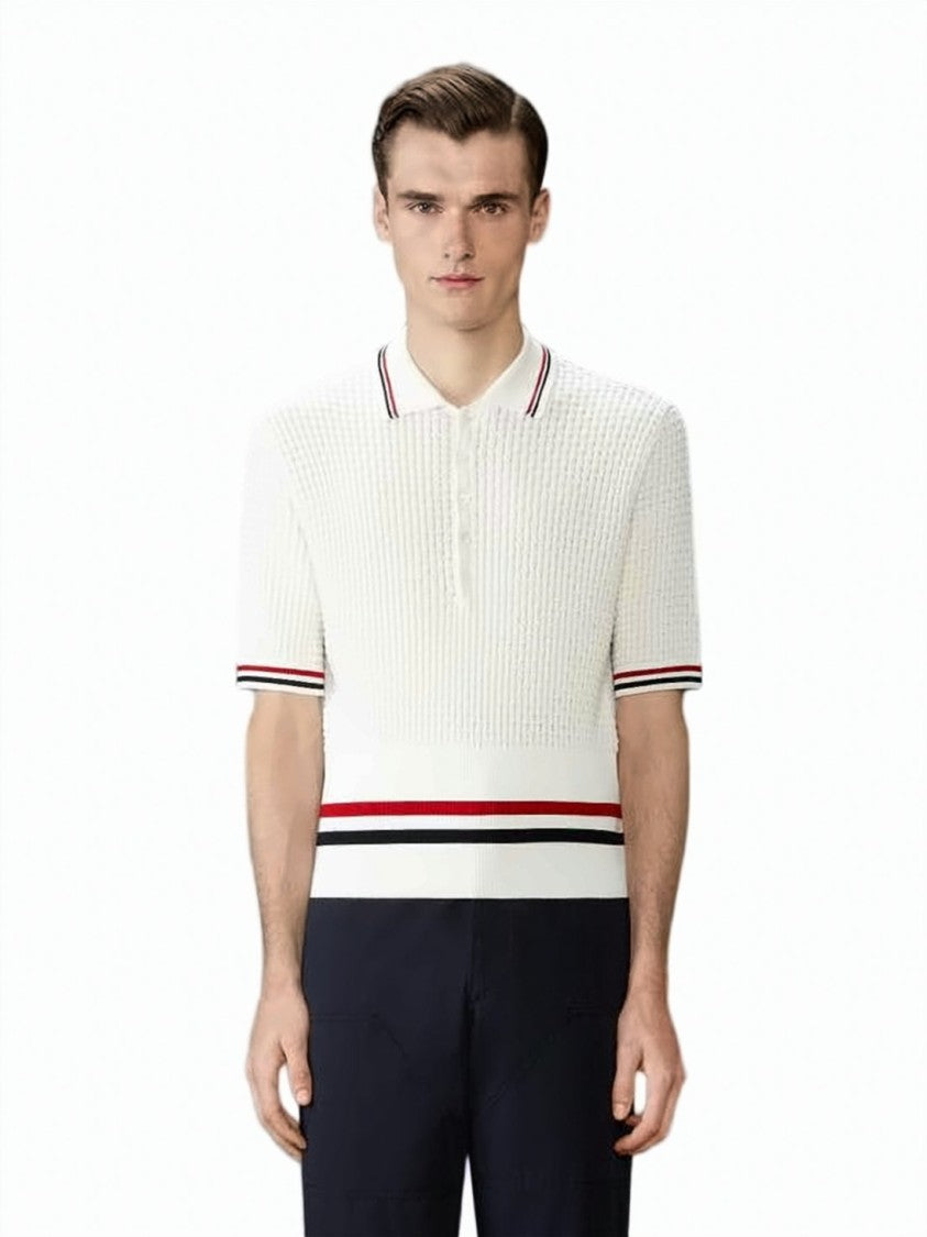 Thom Browne Textured Knit Polo Shirt With Rwb Stripes