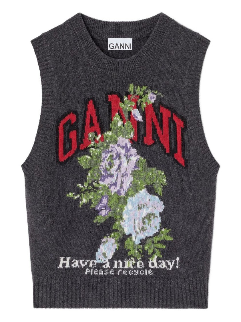 Ganni Sleeveless Knit Vest With Floral Pattern