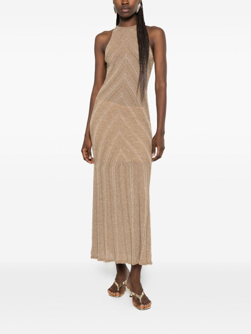 Twin-Set Geometric Textured Knit Midi Dress With High Neckline
