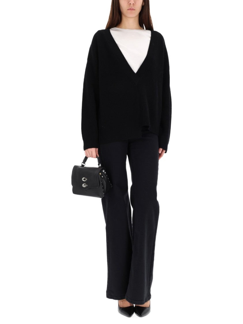 Zona20 Milano Deep V-Neck Black Merino Wool Sweater With Oversized Fit