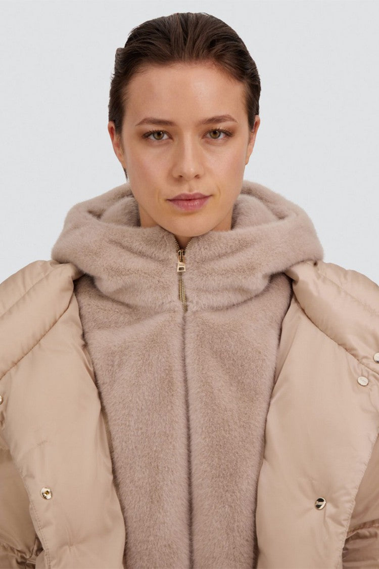 Herno Beige Polyester Fur-Trim Hooded Puffer Jacket