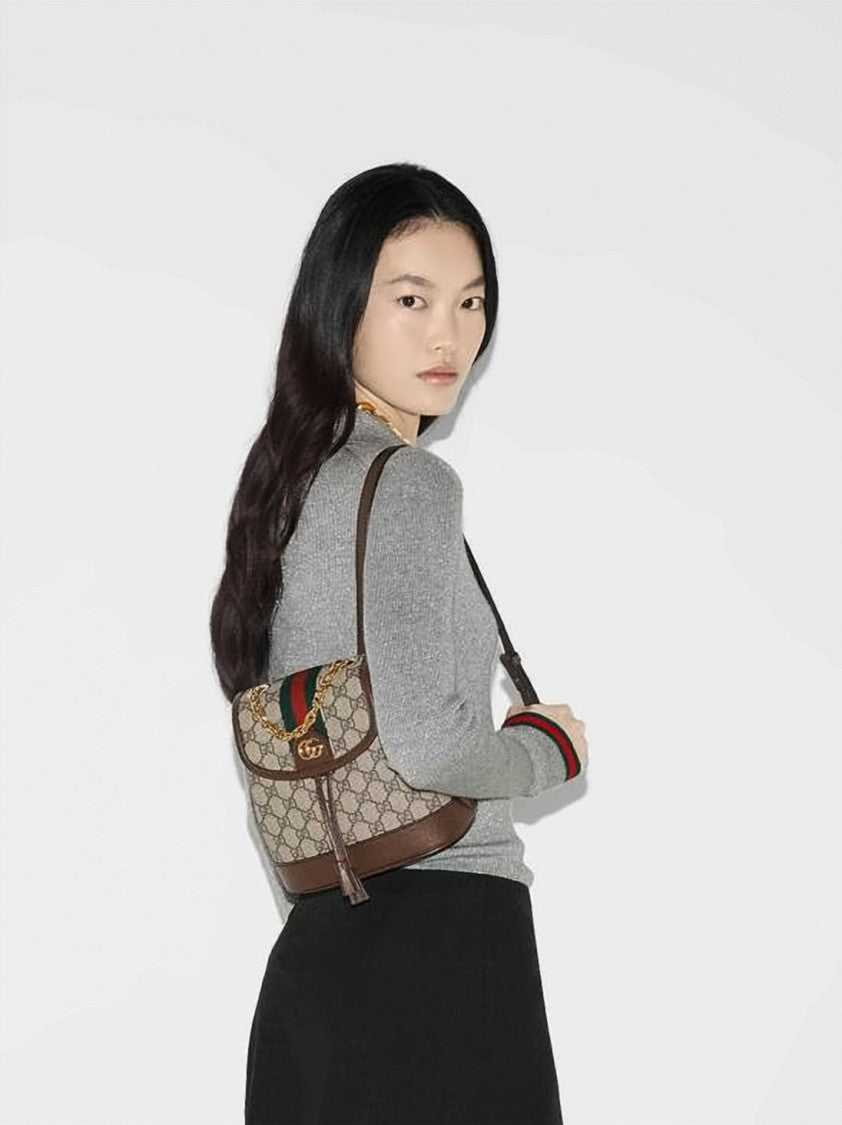 Gucci Signature Monogram Canvas Backpack With Gold-Tone Accents