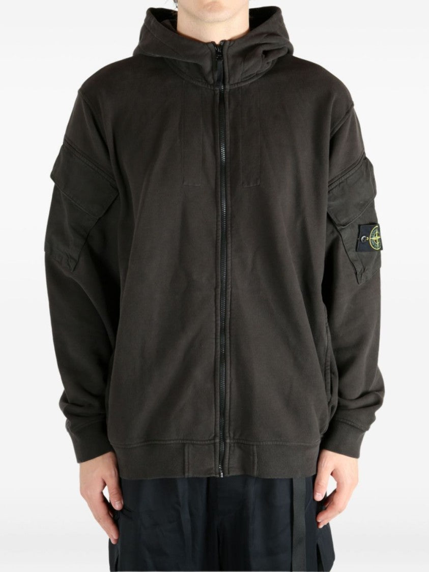 Stone Island Dark Grey Zip-Up Hoodie With Ribbed Cuffs
