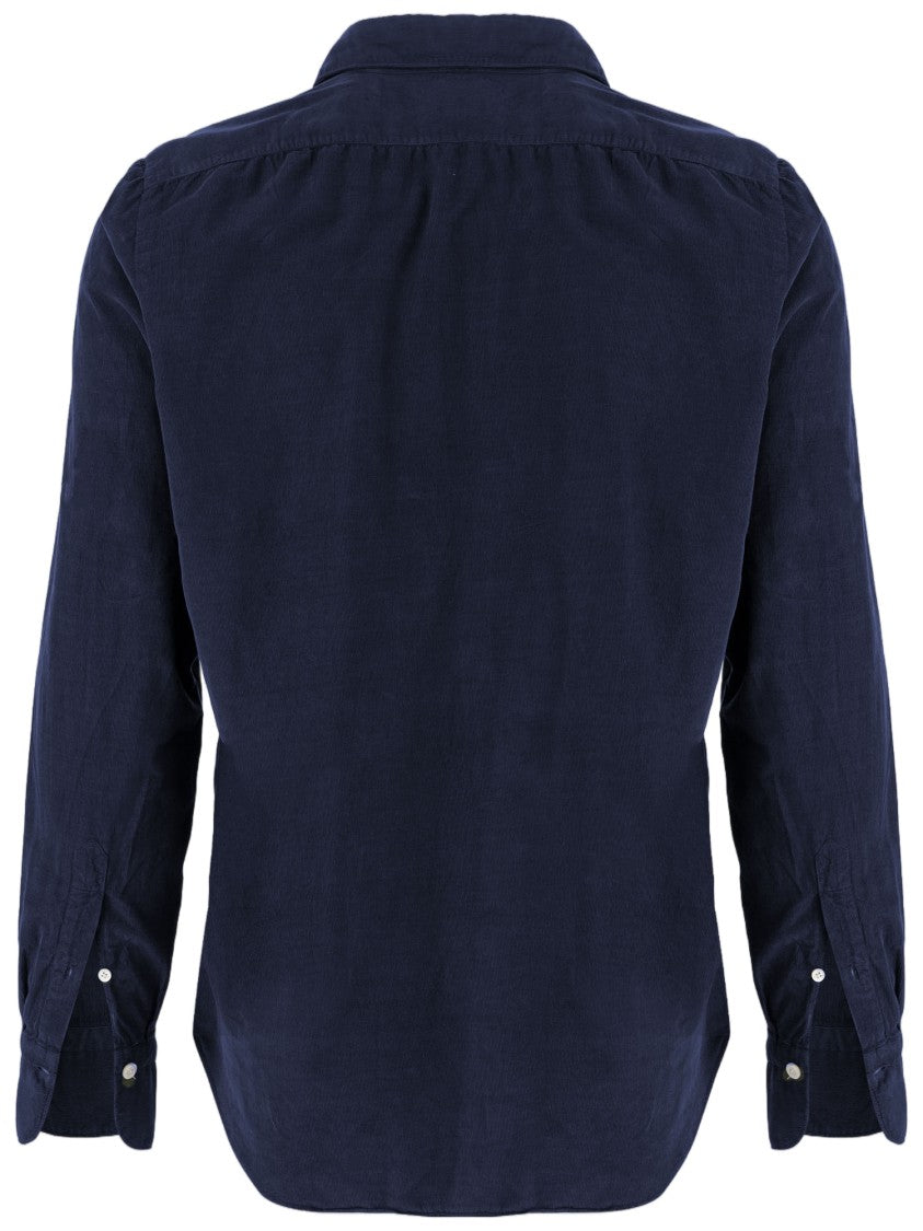 Finamore Navy Ribbed Cotton Curved Hem Shirt