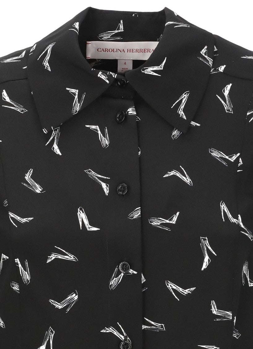 Carolina Herrera Black Good Girl Shoe Print Silk Shirt
