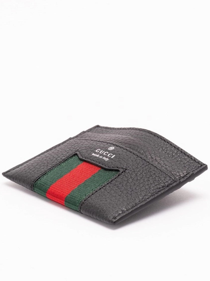 Gucci Textured Black Leather Card Case With Central Stripe