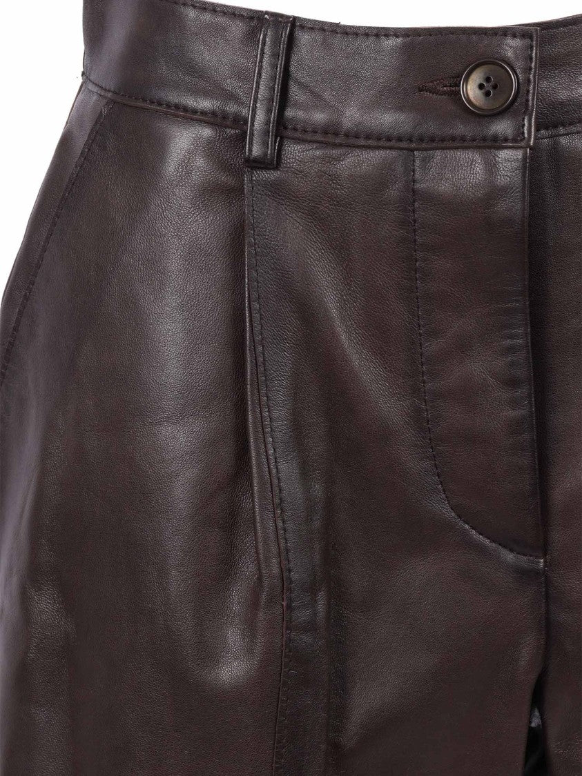 P.A.R.O.S.H. Tailored Brown Lamb Leather Bermuda Shorts With High Waist Design