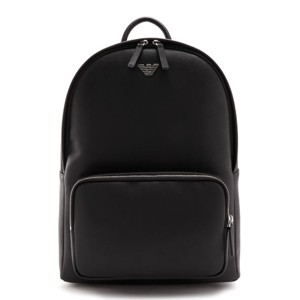 Emporio Armani Black Backpack With Shaped Metal Eagle Logo And Zip Closure