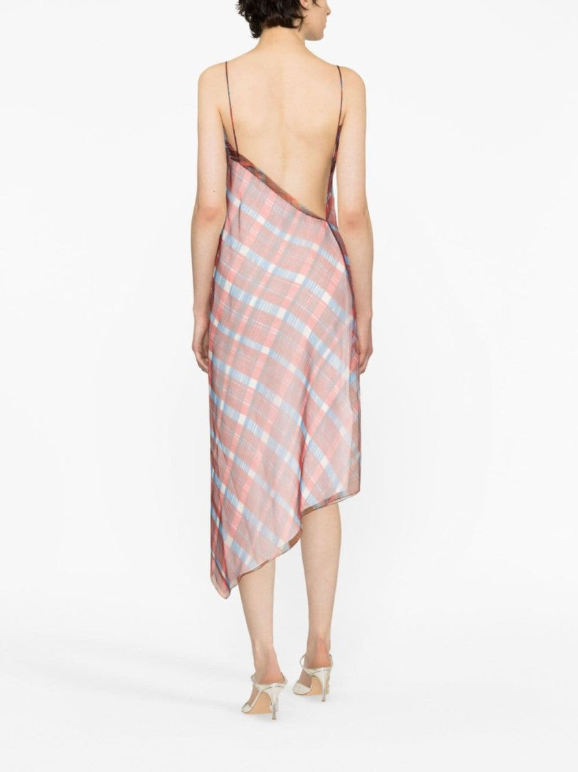 Ferragamo Asymmetric-Hem Plaid Organza Midi Dress