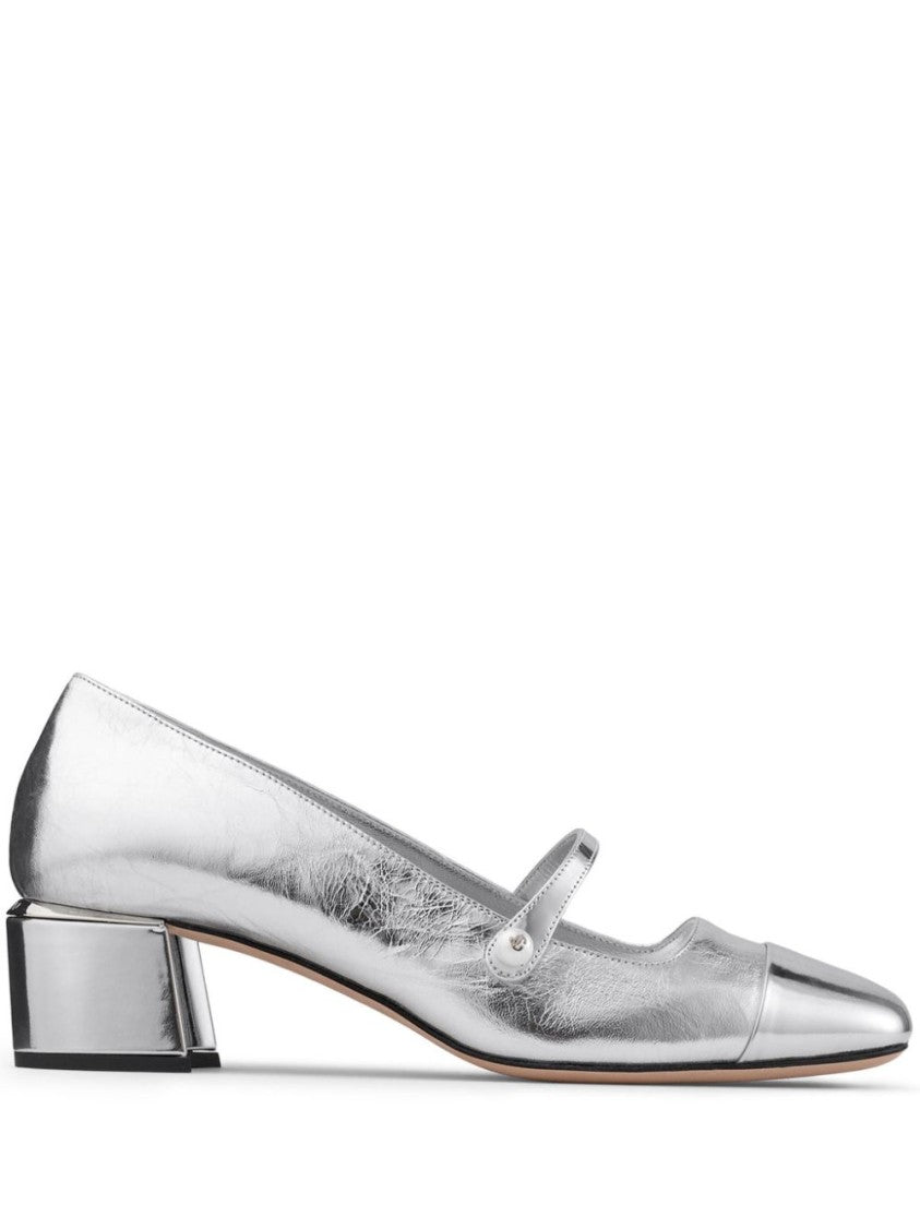 Jimmy Choo Rounded Toe Silver Leather Heeled Pumps With Front Strap