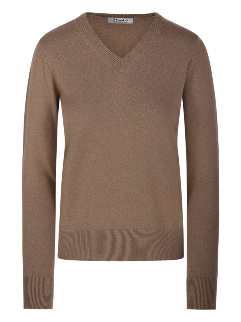 Max Mara V-Neck Brown Wool Sweater With Ribbed Detailing