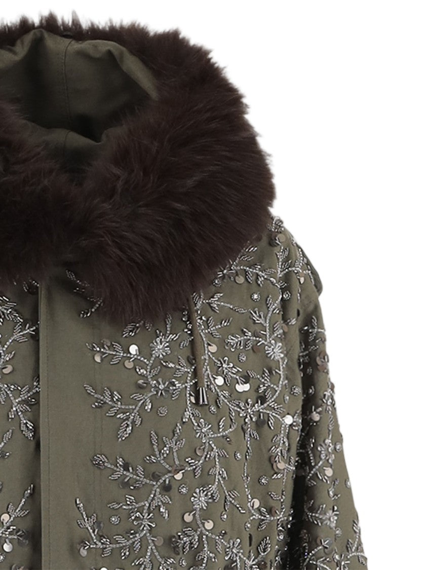 Novelle Green Floral Embroidered Faux-Fur Hooded Cotton Parka