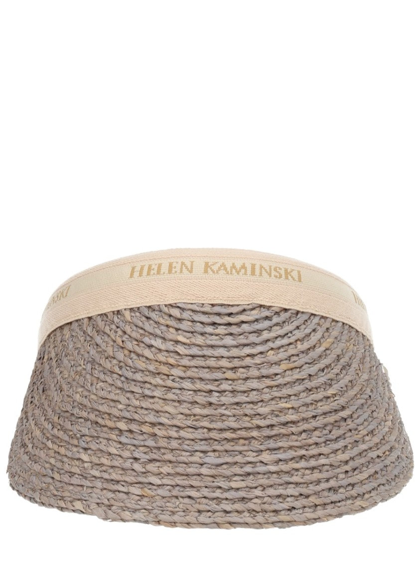 Helen Kaminski Woven Raffia Visor With Textured Brim And Beige Fabric Band