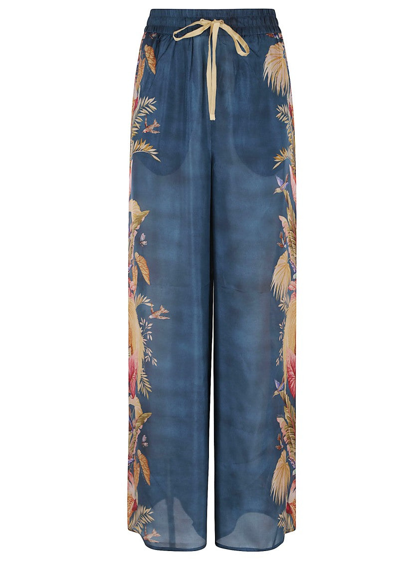 Zimmermann Wide-Leg Silk Trousers With Floral Side Accents
