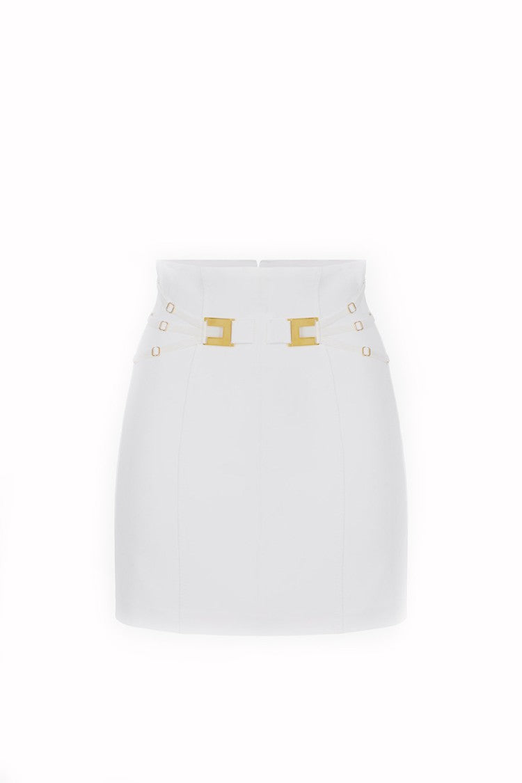 Elisabetta Franchi Ivory High-Waisted Gold Logo Buckle Viscose-Blend Mini Skirt