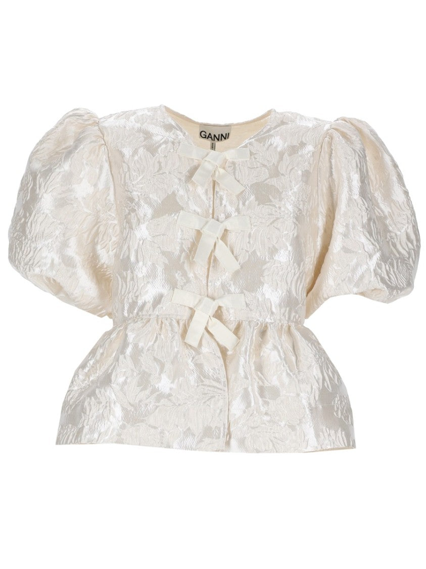 Ganni Peplum Voluminous Floral Jacquard Blouse